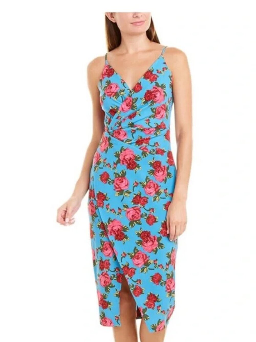 Betsey Johnson Blue Red Floral V Neck Midi Dress, Size 6